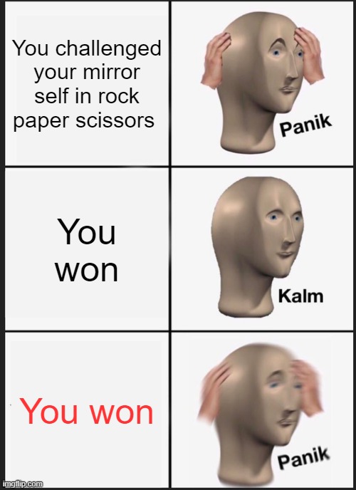 Mirrors Scary | You challenged your mirror self in rock paper scissors; You won; You won | image tagged in memes,panik kalm panik | made w/ Imgflip meme maker