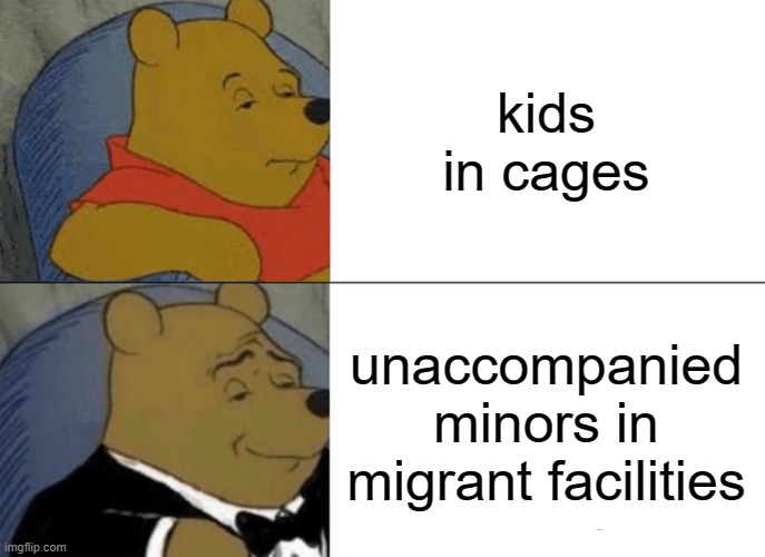 Tuxedo Winnie The Pooh Meme | kids in cages; unaccompanied minors in migrant facilities | image tagged in memes,tuxedo winnie the pooh | made w/ Imgflip meme maker