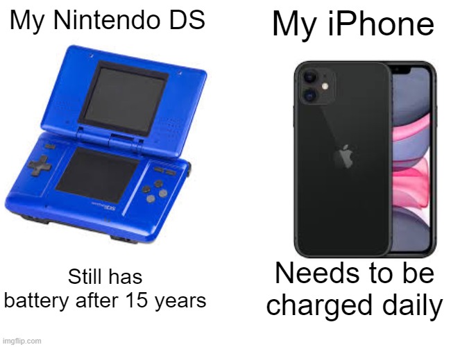 battery life be like | My Nintendo DS; My iPhone; Still has battery after 15 years; Needs to be charged daily | image tagged in memes,buff doge vs cheems | made w/ Imgflip meme maker