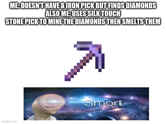 Big brain time | ME: DOESN'T HAVE A IRON PICK BUT FINDS DIAMONDS
ALSO ME: USES SILK TOUCH STONE PICK TO MINE THE DIAMONDS THEN SMELTS THEM | image tagged in blank white template | made w/ Imgflip meme maker