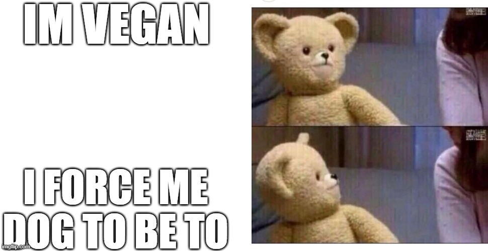 IM VEGAN; I FORCE ME DOG TO BE TO | image tagged in memes,blank transparent square,wait what | made w/ Imgflip meme maker