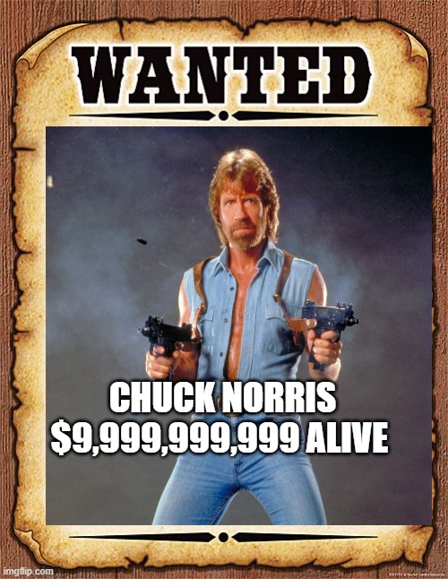 chuck Norris for 9,999,999 | CHUCK NORRIS $9,999,999,999 ALIVE | image tagged in chuck norris,wanted poster | made w/ Imgflip meme maker