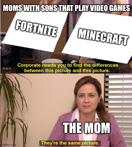 They're The Same Picture | MOMS WITH SONS THAT PLAY VIDEO GAMES; FORTNITE; MINECRAFT; THE MOM | image tagged in memes,they're the same picture | made w/ Imgflip meme maker