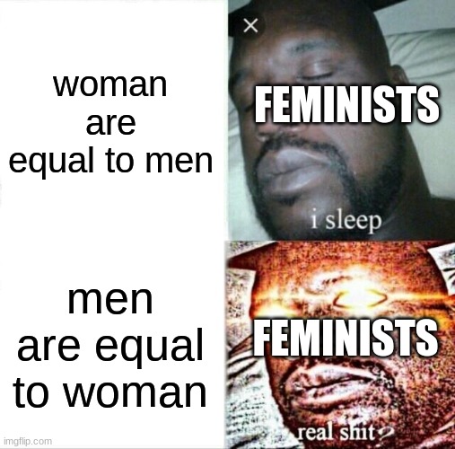 Sleeping Shaq |  woman are equal to men; FEMINISTS; men are equal to woman; FEMINISTS | image tagged in memes,sleeping shaq | made w/ Imgflip meme maker