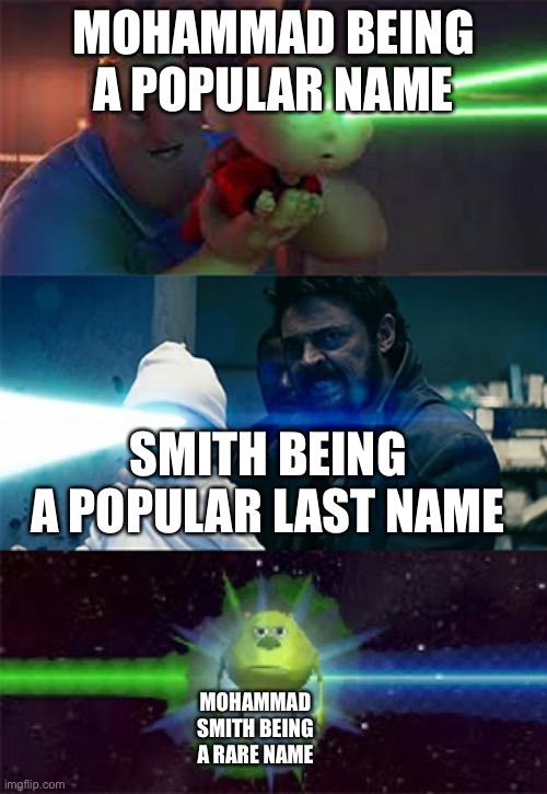 Laser Eyes Baby | MOHAMMAD BEING A POPULAR NAME; SMITH BEING A POPULAR LAST NAME; MOHAMMAD SMITH BEING A RARE NAME | image tagged in laser eyes baby | made w/ Imgflip meme maker