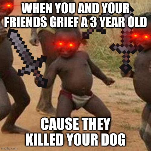 Third World Success Kid | WHEN YOU AND YOUR FRIENDS GRIEF A 3 YEAR OLD; CAUSE THEY KILLED YOUR DOG | image tagged in memes,third world success kid | made w/ Imgflip meme maker