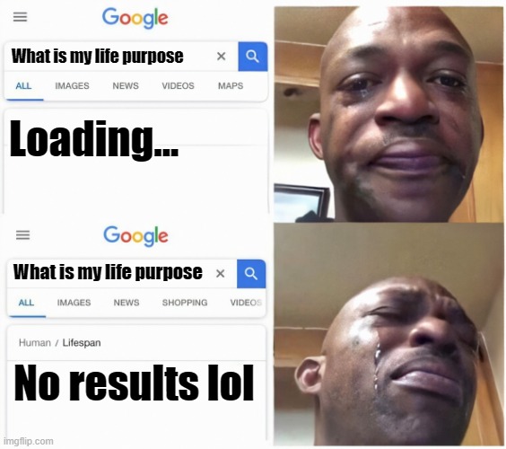 Google....WHY?! | What is my life purpose; Loading... What is my life purpose; No results lol | image tagged in google search guy cries | made w/ Imgflip meme maker