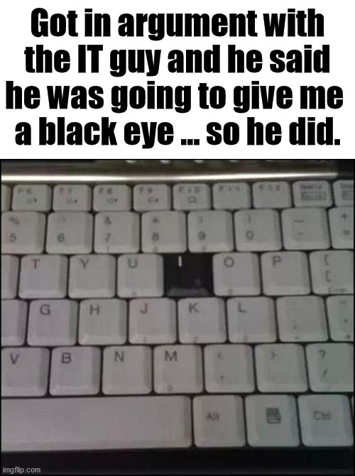 IT humor | Got in argument with the IT guy and he said he was going to give me 
a black eye ... so he did. | image tagged in tech support,bad pun | made w/ Imgflip meme maker