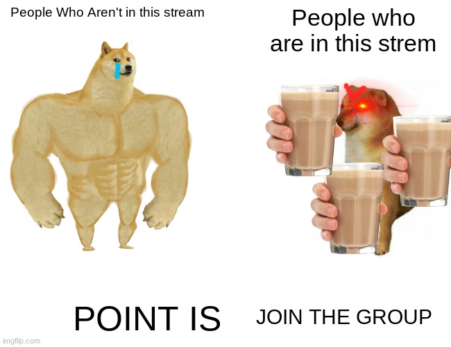 POINT IS | People Who Aren't in this stream; People who are in this strem; POINT IS; JOIN THE GROUP | image tagged in memes,buff doge vs cheems | made w/ Imgflip meme maker
