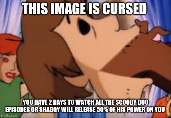 oh yea | THIS IMAGE IS CURSED; YOU HAVE 2 DAYS TO WATCH ALL THE SCOOBY DOO EPISODES OR SHAGGY WILL RELEASE 50% OF HIS POWER ON YOU | image tagged in warning | made w/ Imgflip meme maker