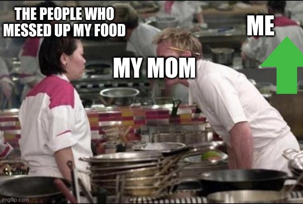 Angry Chef Gordon Ramsay | ME; THE PEOPLE WHO MESSED UP MY FOOD; MY MOM | image tagged in memes,angry chef gordon ramsay,funny memes | made w/ Imgflip meme maker