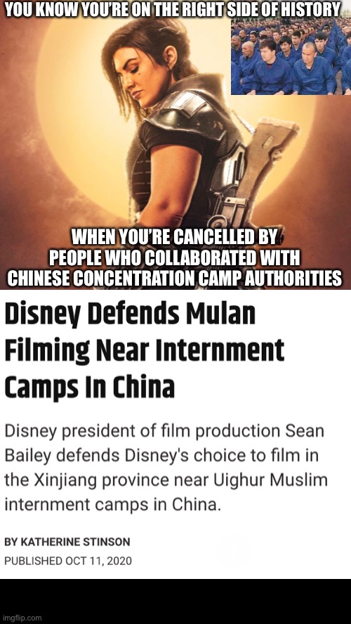 Gina Carano Disney Camps | YOU KNOW YOU’RE ON THE RIGHT SIDE OF HISTORY; WHEN YOU’RE CANCELLED BY PEOPLE WHO COLLABORATED WITH CHINESE CONCENTRATION CAMP AUTHORITIES | image tagged in original meme | made w/ Imgflip meme maker