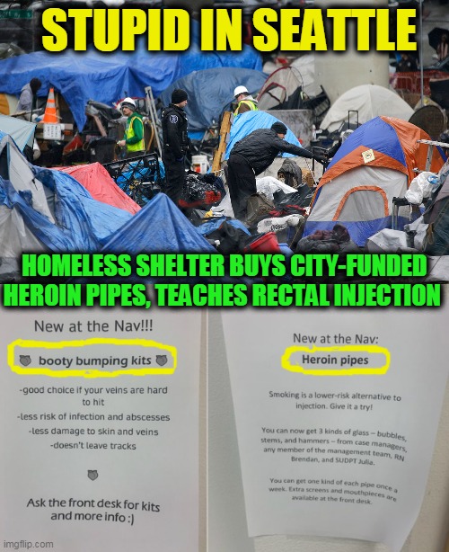 Defunding Police & Funding Heroin Pipes? INSANITY in Seattle! | STUPID IN SEATTLE; HOMELESS SHELTER BUYS CITY-FUNDED HEROIN PIPES, TEACHES RECTAL INJECTION | image tagged in political meme,democratic socialism,leftists,liberals,stupidity,wtf | made w/ Imgflip meme maker