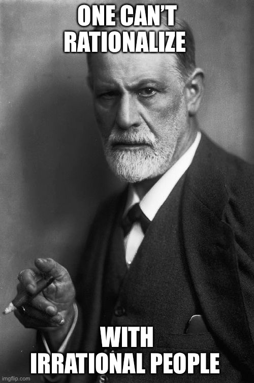 Sigmund Freud Meme | ONE CAN’T RATIONALIZE WITH IRRATIONAL PEOPLE | image tagged in memes,sigmund freud | made w/ Imgflip meme maker