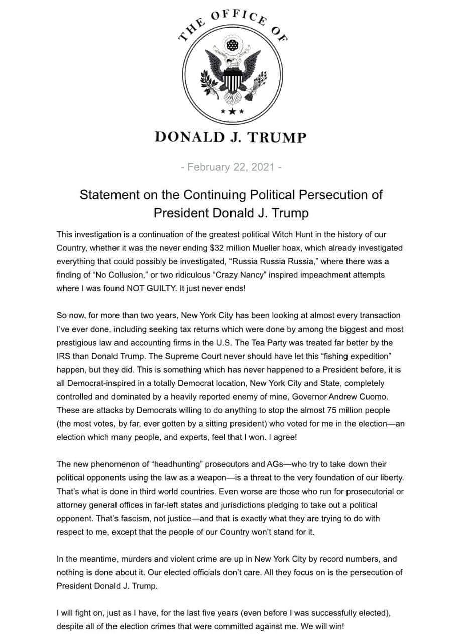 Donald Trump statement on the continuing political persecution Blank Meme Template