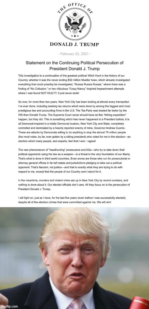 Statement on the continuing... BAHAHAHAHA I can't even, also note he is using a fake POTUS seal now | image tagged in donald trump statement on the continuing political persecution,trump crybaby | made w/ Imgflip meme maker