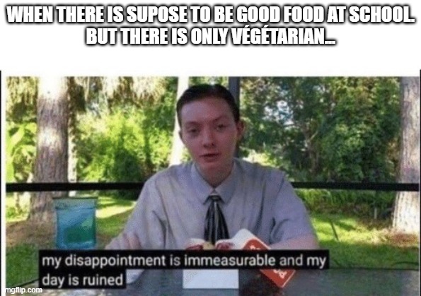 My dissapointment is immeasurable and my day is ruined | WHEN THERE IS SUPOSE TO BE GOOD FOOD AT SCHOOL.
BUT THERE IS ONLY VÉGÉTARIAN... | image tagged in my dissapointment is immeasurable and my day is ruined | made w/ Imgflip meme maker