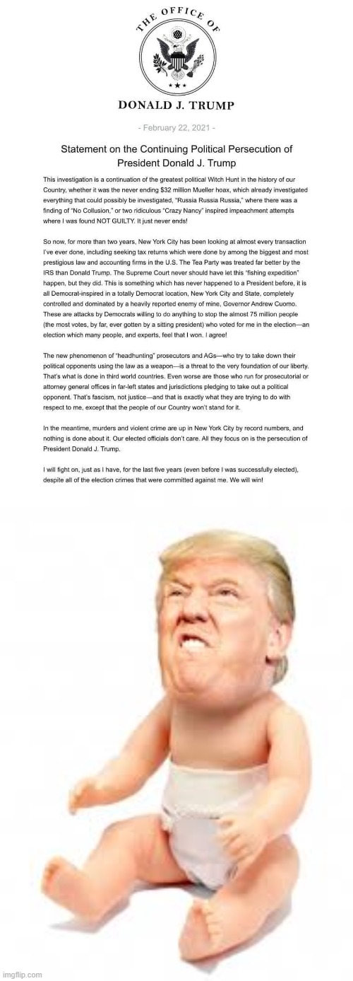 In lieu of Twitter, ex-President 45 has taken to defending himself through written statements affixed with fake POTUS seals | image tagged in donald trump statement on the continuing political persecution,trump crybaby,trump is an asshole,trump is a moron,crybaby,trump | made w/ Imgflip meme maker