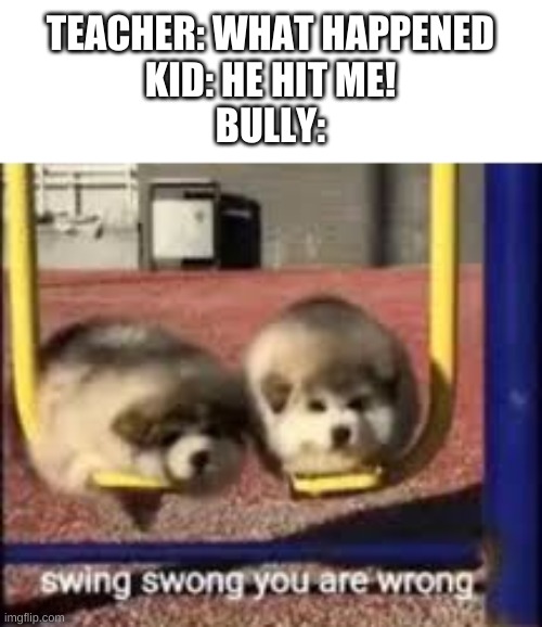the bully gets away with every thing | TEACHER: WHAT HAPPENED
KID: HE HIT ME!
BULLY: | image tagged in swing swong | made w/ Imgflip meme maker