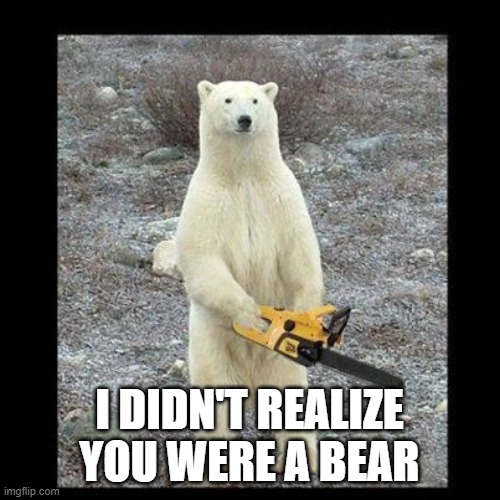 Chainsaw Bear Meme | I DIDN'T REALIZE YOU WERE A BEAR | image tagged in memes,chainsaw bear | made w/ Imgflip meme maker