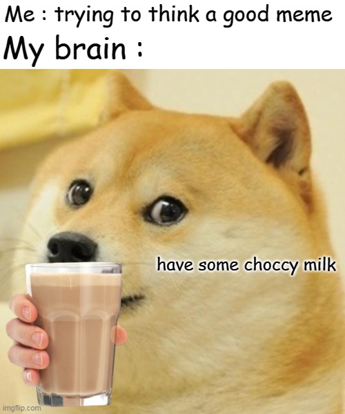 just all choccy milk | Me : trying to think a good meme; My brain :; have some choccy milk | image tagged in memes,doge,funny,choccy milk | made w/ Imgflip meme maker