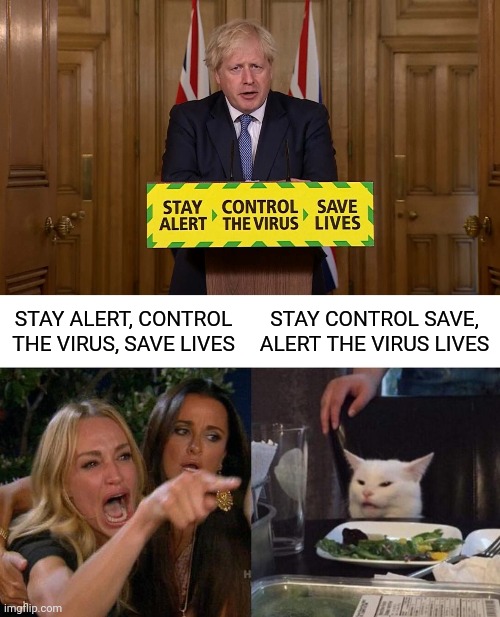 STAY CONTROL SAVE - ALERT THE VIRUS LIVES | STAY ALERT, CONTROL THE VIRUS, SAVE LIVES; STAY CONTROL SAVE, ALERT THE VIRUS LIVES | image tagged in memes,woman yelling at cat,funny,covid,boris johnson | made w/ Imgflip meme maker