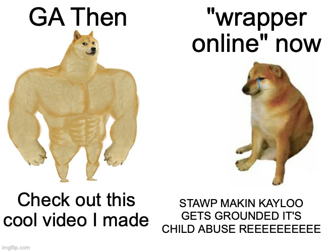 Buff Doge vs. Cheems | GA Then; "wrapper online" now; STAWP MAKIN KAYLOO GETS GROUNDED IT'S CHILD ABUSE REEEEEEEEEE; Check out this cool video I made | image tagged in memes,buff doge vs cheems | made w/ Imgflip meme maker