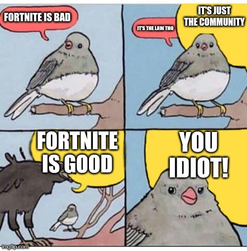 annoyed bird | IT'S JUST THE COMMUNITY; FORTNITE IS BAD; IT'S THE LAW THO; FORTNITE IS GOOD; YOU IDIOT! | image tagged in annoyed bird,fortnite | made w/ Imgflip meme maker