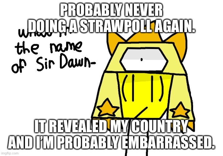 I had to delete it. This is like that one time I joined Deviantart and had to deactivate it. | PROBABLY NEVER DOING A STRAWPOLL AGAIN. IT REVEALED MY COUNTRY AND I’M PROBABLY EMBARRASSED. | image tagged in what in the name of sir dawn | made w/ Imgflip meme maker