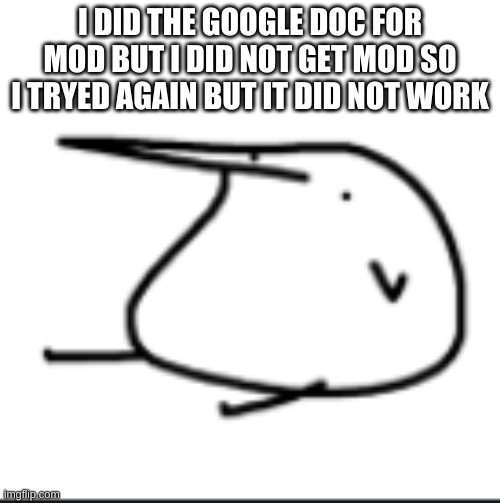 huh | I DID THE GOOGLE DOC FOR MOD BUT I DID NOT GET MOD SO I TRYED AGAIN BUT IT DID NOT WORK | image tagged in berd | made w/ Imgflip meme maker