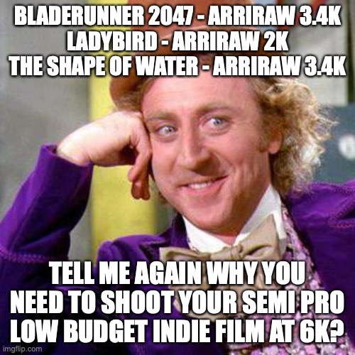 Willy Wonka Blank | BLADERUNNER 2047 - ARRIRAW 3.4K
LADYBIRD - ARRIRAW 2K
THE SHAPE OF WATER - ARRIRAW 3.4K; TELL ME AGAIN WHY YOU NEED TO SHOOT YOUR SEMI PRO LOW BUDGET INDIE FILM AT 6K? | image tagged in willy wonka blank | made w/ Imgflip meme maker
