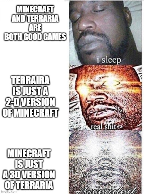 ÍŵĨļʟfÍņɖÿØū | MINECRAFT AND TERRARIA ARE BOTH GOOD GAMES; TERRAIRA IS JUST A 2-D VERSION OF MINECRAFT; MINECRAFT IS JUST A 3D VERSION OF TERRARIA | image tagged in i sleep meme with ascended template,i sleep,memes,minecraft,terraria | made w/ Imgflip meme maker