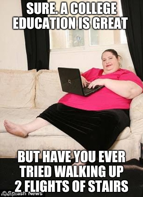 jennifer orrick challenge | SURE. A COLLEGE EDUCATION IS GREAT; BUT HAVE YOU EVER TRIED WALKING UP 2 FLIGHTS OF STAIRS | image tagged in fat woman on computer | made w/ Imgflip meme maker