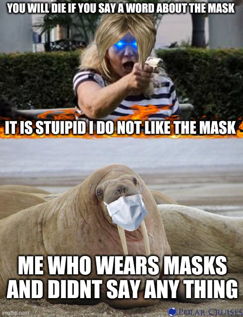 YOU WILL DIE IF YOU SAY A WORD ABOUT THE MASK; IT IS STUIPID I DO NOT LIKE THE MASK; ME WHO WEARS MASKS AND DIDNT SAY ANY THING | image tagged in karen gun,walrus | made w/ Imgflip meme maker