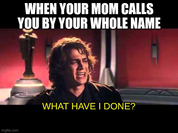 This prob won't get too many upvotes, but I still wanted to make it | WHEN YOUR MOM CALLS YOU BY YOUR WHOLE NAME; WHAT HAVE I DONE? | image tagged in anakin what have i done | made w/ Imgflip meme maker