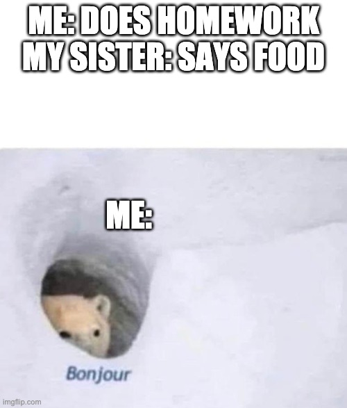 I like food! | ME: DOES HOMEWORK
MY SISTER: SAYS FOOD; ME: | image tagged in bonjour | made w/ Imgflip meme maker