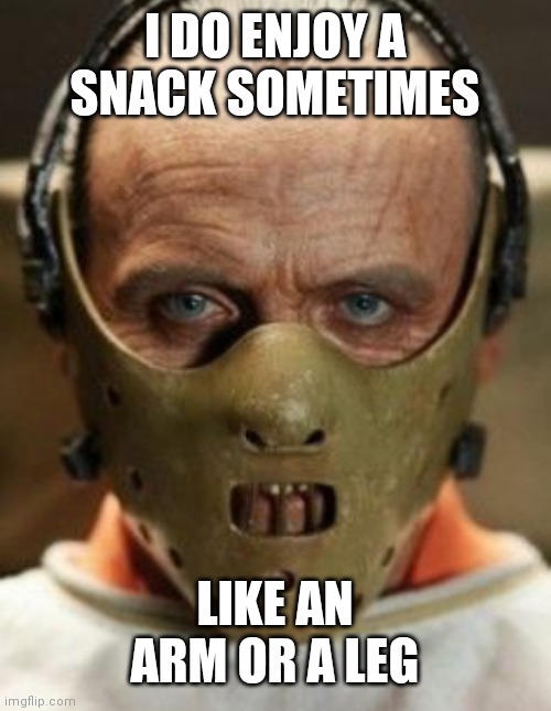 I DO ENJOY A SNACK SOMETIMES; LIKE AN ARM OR A LEG | image tagged in hannibal lecter | made w/ Imgflip meme maker