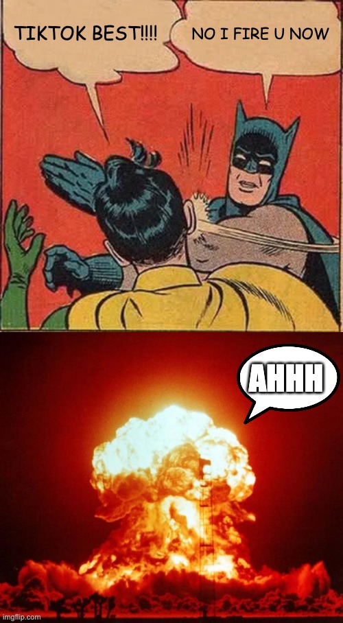 TikTok Robin | TIKTOK BEST!!!! NO I FIRE U NOW; AHHH | image tagged in memes,batman slapping robin,nuke | made w/ Imgflip meme maker