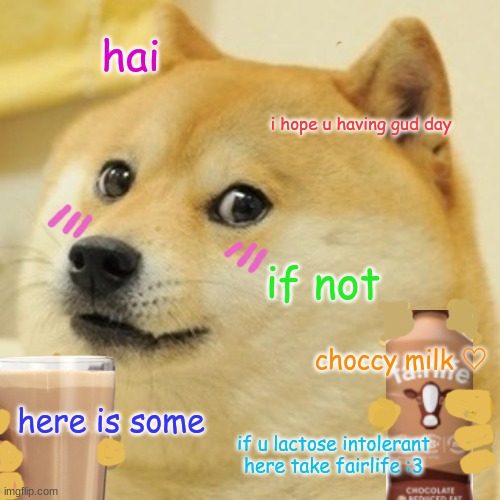 :D | hai; i hope u having gud day; if not; choccy milk ♡; here is some; if u lactose intolerant here take fairlife :3 | image tagged in memes,doge,choccy milk | made w/ Imgflip meme maker