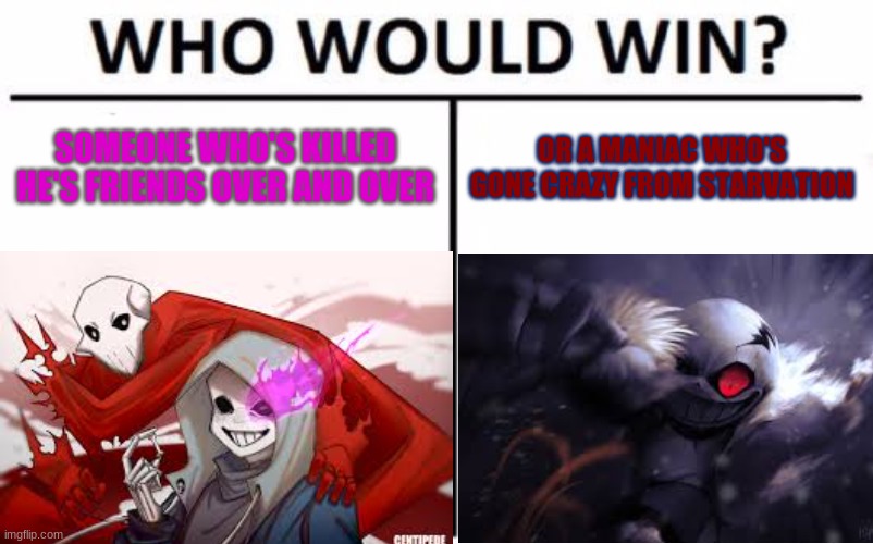 ill let you guys choose | SOMEONE WHO'S KILLED HE'S FRIENDS OVER AND OVER; OR A MANIAC WHO'S GONE CRAZY FROM STARVATION | made w/ Imgflip meme maker