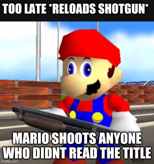 TOO LATE *RELOADS SHOTGUN*; MARIO SHOOTS ANYONE WHO DIDNT READ THE TITLE | image tagged in smg4 shotgun mario | made w/ Imgflip meme maker