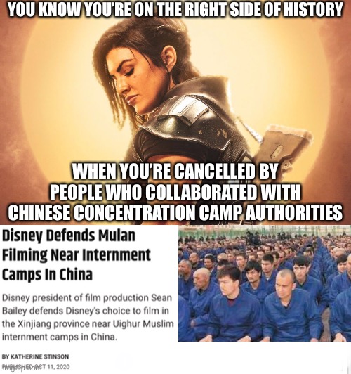Gina Carano Disney Camps Instagram | YOU KNOW YOU’RE ON THE RIGHT SIDE OF HISTORY; WHEN YOU’RE CANCELLED BY PEOPLE WHO COLLABORATED WITH CHINESE CONCENTRATION CAMP AUTHORITIES | image tagged in disney,star wars | made w/ Imgflip meme maker