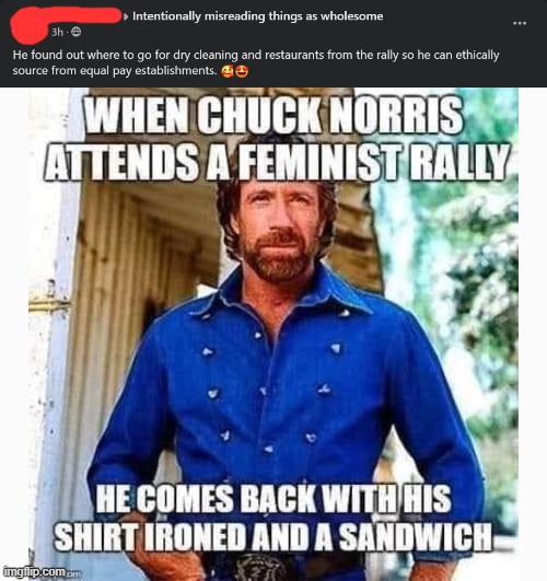 "He found out where to go for dry cleaning and restaurants" | image tagged in chuck norris,reposts,repost,sexism,sexist,wholesome | made w/ Imgflip meme maker