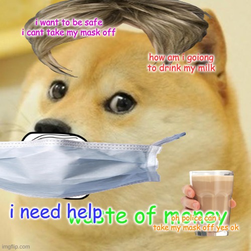 Doge | i want to be safe i cant take my mask off; how am i goiong to drink my milk; i need help; waste of money; oh police can i take my mask off yes ok | image tagged in memes,doge | made w/ Imgflip meme maker