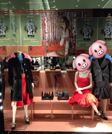 Plodding Prada Pigs | image tagged in gifs,fashion,window design,prada,pigheaded,3 little pigs | made w/ Imgflip images-to-gif maker