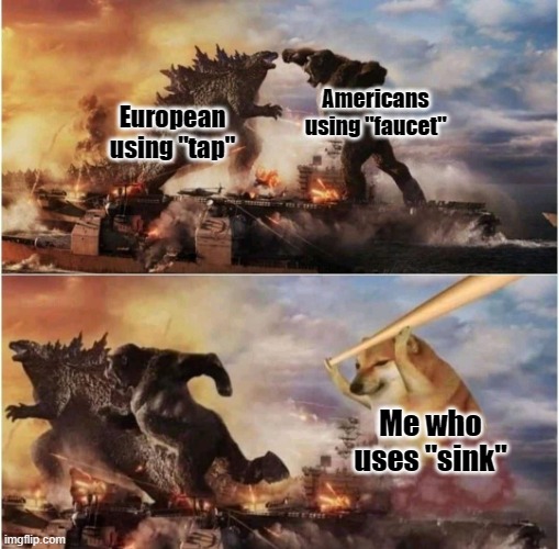 Just say sink |  Americans using "faucet"; European using "tap"; Me who uses "sink" | image tagged in kong godzilla doge,memes,fun,sink,britain,america | made w/ Imgflip meme maker