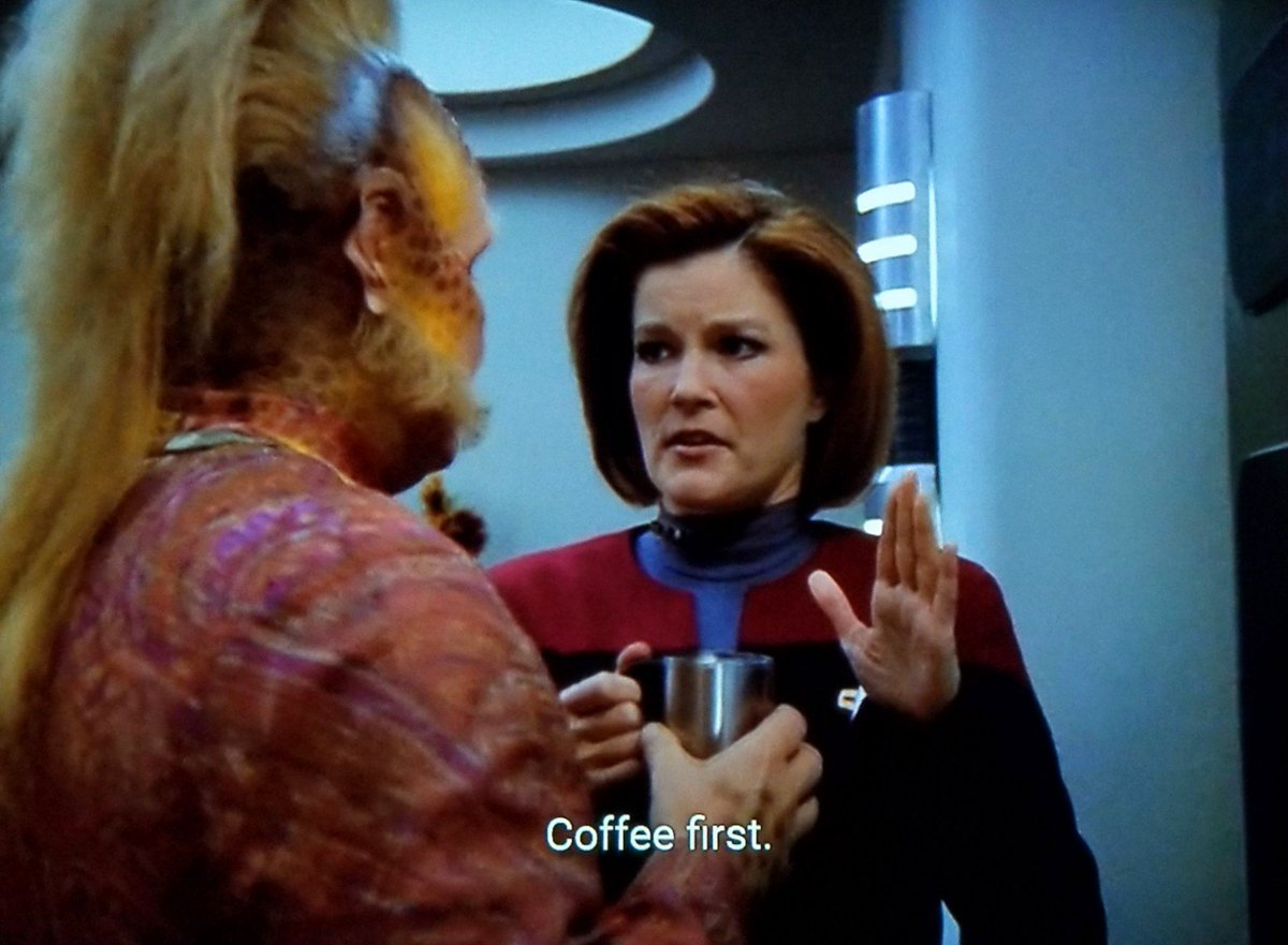 Janeway Coffee First. Blank Meme Template