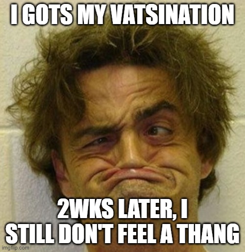 Vaccination Nation | I GOTS MY VATSINATION; 2WKS LATER, I STILL DON'T FEEL A THANG | image tagged in special kind of stupid | made w/ Imgflip meme maker