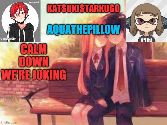 KatsukiStarkugoXAquathepillow | CALM DOWN
WE'RE JOKING | image tagged in katsukistarkugoxaquathepillow | made w/ Imgflip meme maker