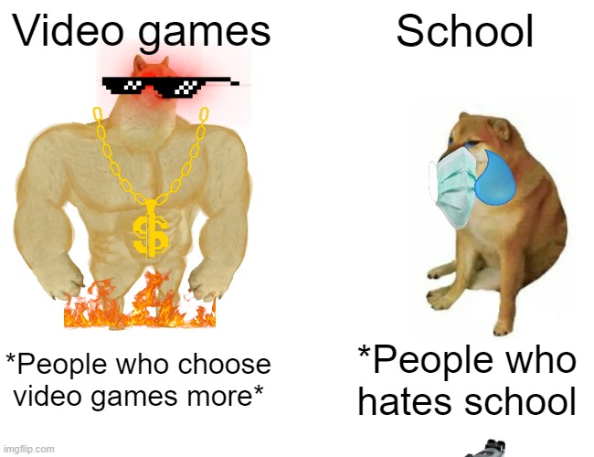 Buff Doge vs. Cheems | Video games; School; *People who choose video games more*; *People who hates school | image tagged in memes,buff doge vs cheems | made w/ Imgflip meme maker